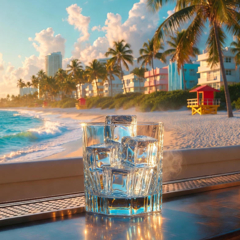 Glass of water with ice cubes on a beach bar counter, palm trees and ocean view.